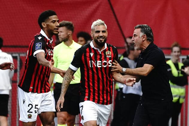 Joie - Andy Delort (OGC Nice) - Christophe Galtier (entraineur de l OGC Nice) - Jean Clair Todibo (OGC Nice) FOOTBALL : OGC Nice vs AS Saint Etienne - Ligue 1 Uber Eats - Nice - 11 05 2022 NorbertScanella Panoramic 