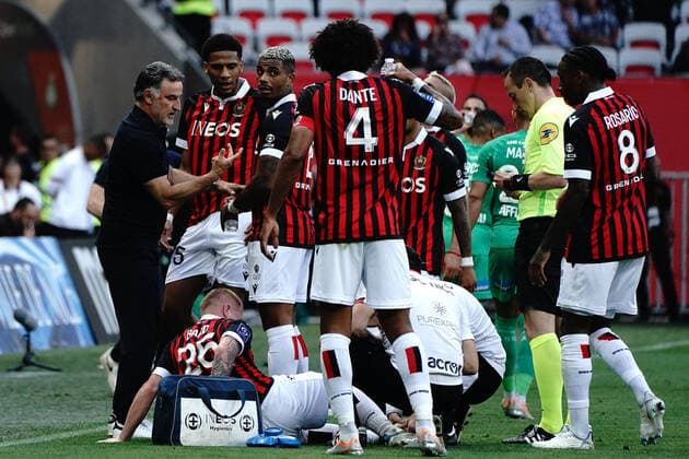 Christophe Galtier (entraineur de l OGC Nice) - Dante (OGC Nice) - Jean Clair Todibo (OGC Nice) - Mario Lemina (OGC Nice) FOOTBALL : OGC Nice vs AS Saint Etienne - Ligue 1 Uber Eats - Nice - 11 05 2022 NorbertScanella Panoramic 