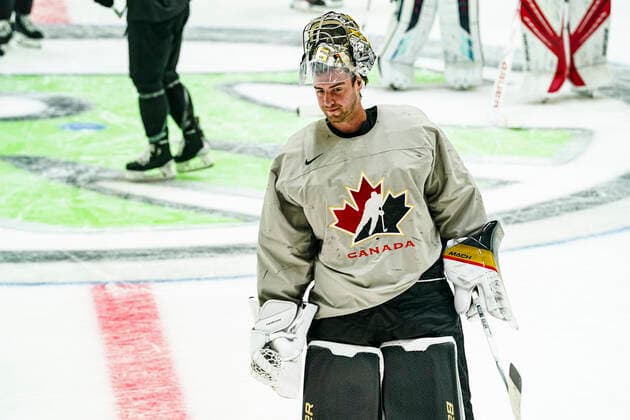 13.05.2022, Helsinki, Helsinki Ice Hall, Ice hockey, Eishockey World Championship, WM, Weltmeisterschaft 2022, Canada free practice: 36 goalkeeper Logan Thompson (Canada) after the practice Helsinki Helsinki Ice Hall Uusimaa Finland Copyright: xJustPictures.ch JarixPestelaccix