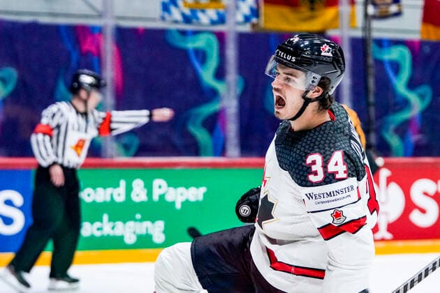 HELSINKI, FINLAND - MAY 13: Cole Sillinger of Canada celebrates after scoring his goal during the 2022 IIHF Ice hockey, Eishockey World Championship, WM, Weltmeisterschaft match between Germany and Canada at Helsinki Ice Hall on May 13, 2022 in Helsinki, Finland. Helsinki Helsinki Ice Hall Uusimaa Finland Copyright: xJustPictures.ch JarixPestelaccix