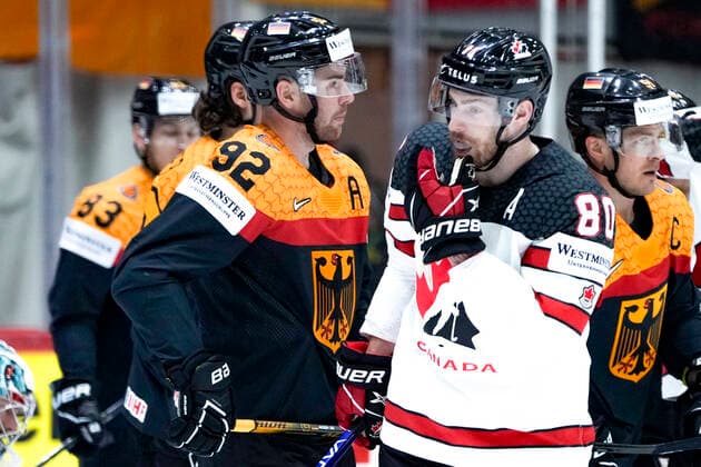 HELSINKI, FINLAND - MAY 13: Marcel Noebels of Germany (L) and Pierre-Luc Dubois of Canada (R) during the 2022 IIHF Ice hockey, Eishockey World Championship, WM, Weltmeisterschaft match between Germany and Canada at Helsinki Ice Hall on May 13, 2022 in Helsinki, Finland. Helsinki Helsinki Ice Hall Uusimaa Finland Copyright: xJustPictures.ch JarixPestelaccix