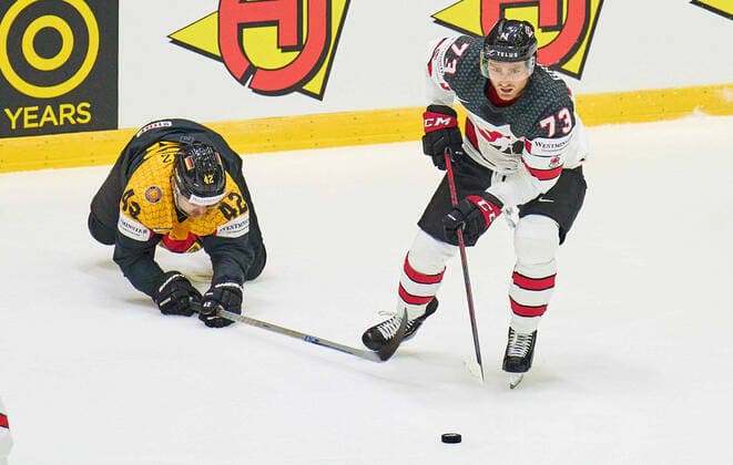 Noah Gregor Nr. 73 of Canada compete, fight for the puck against, Yasin EHLIZ Nr. 42 of Germany in the match GERMANY - CANADA IIHF Ice hockey, Eishockey World Championship, WM, Weltmeisterschaft Group B in Helsinki, Finland, May 13, 2022, Season 2021 2022
