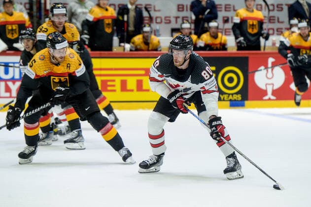 13.05.2022, Helsinki, Helsinki Ice Hall, Ice hockey, Eishockey World Championship, WM, Weltmeisterschaft 2022: Germany - Canada, 80 Pierre-Luc Dubois (Canada) against 5 Korbinian Holzer (Germany) Helsinki Helsinki Ice Hall Uusimaa Finland Copyright: xJustPictures.ch AndreaxBrancax