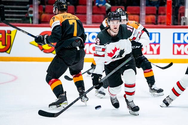 HELSINKI, FINLAND - MAY 13: Dawson Mercer of Canada in action during the 2022 IIHF Ice hockey, Eishockey World Championship, WM, Weltmeisterschaft match between Germany and Canada at Helsinki Ice Hall on May 13, 2022 in Helsinki, Finland. Helsinki Helsinki Ice Hall Uusimaa Finland Copyright: xJustPictures.ch JarixPestelaccix