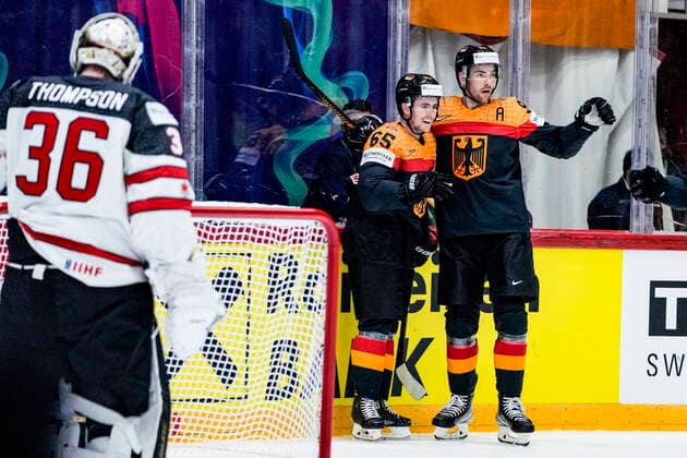 HELSINKI, FINLAND - MAY 13: Marc Michaelis of Germany celebrates his goal with Marcel Noebels of Germany (R) celebrates during the 2022 IIHF Ice hockey, Eishockey World Championship, WM, Weltmeisterschaft match between Germany and Canada at Helsinki Ice Hall on May 13, 2022 in Helsinki, Finland. Helsinki Helsinki Ice Hall Uusimaa Finland Copyright: xJustPictures.ch JarixPestelaccix