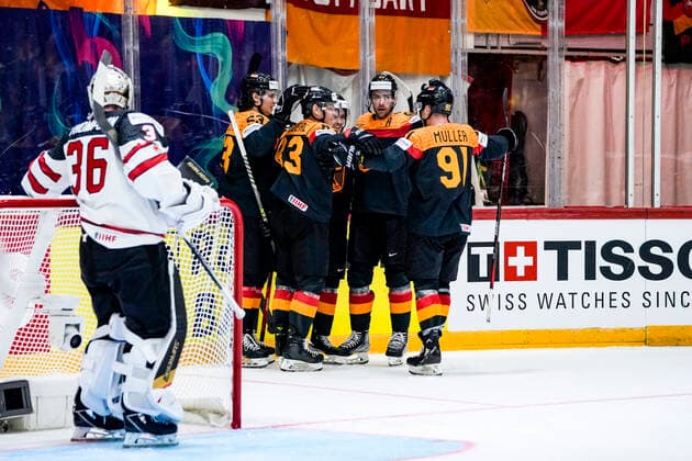 HELSINKI, FINLAND - MAY 13: Team Germany celebrates their goal during the 2022 IIHF Ice hockey, Eishockey World Championship, WM, Weltmeisterschaft match between Germany and Canada at Helsinki Ice Hall on May 13, 2022 in Helsinki, Finland. Helsinki Helsinki Ice Hall Uusimaa Finland Copyright: xJustPictures.ch JarixPestelaccix