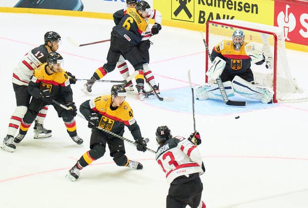 Kent Johnson Nr. 93 of Canada st 1-4, goalie Philipp GRUBAUER Goalie Nr.30 of Germany Jonas Mueller, Müller 41 of Germany in the match GERMANY - CANADA IIHF Ice hockey, Eishockey World Championship, WM, Weltmeisterschaft Group B in Helsinki, Finland, May 13, 2022, Season 2021 2022