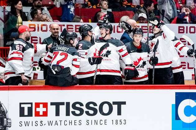 HELSINKI, FINLAND - MAY 13: Team Canada celebrates the 3-1 during the 2022 IIHF Ice hockey, Eishockey World Championship, WM, Weltmeisterschaft match between Germany and Canada at Helsinki Ice Hall on May 13, 2022 in Helsinki, Finland. Helsinki Helsinki Ice Hall Uusimaa Finland Copyright: xJustPictures.ch JarixPestelaccix