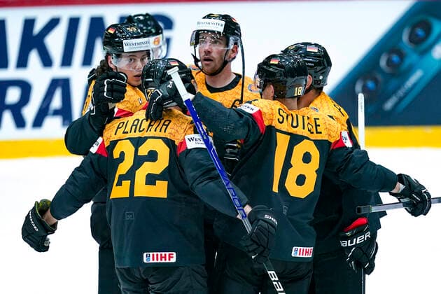 HELSINKI, FINLAND - MAY 13: Team Germany celebrates the 3rd goal (Moritz Seider of Germany (L), Matthias Plachta of Germany, Marcel Noebels of Germany, Tim Stutzle of Germany (R) during the 2022 IIHF Ice hockey, Eishockey World Championship, WM, Weltmeisterschaft match between Germany and Canada at Helsinki Ice Hall on May 13, 2022 in Helsinki, Finland. Helsinki Helsinki Ice Hall Uusimaa Finland Copyright: xJustPictures.ch JarixPestelaccix