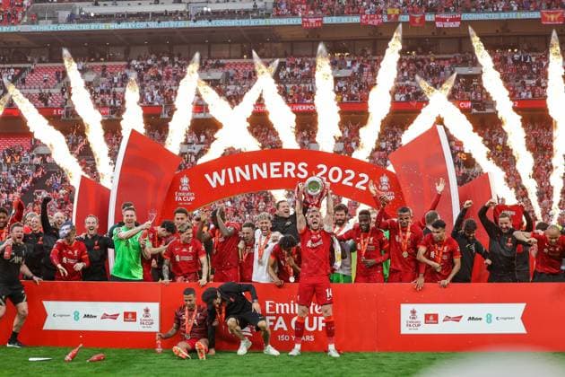 Bilder des Jahres 2022, Sport 05 Mai Sport Themen der Woche KW19 Sport Bilder des Tages Chelsea v Liverpool FA Cup Final 14 05 2022. Liverpool players celebrates at full time winning the cup during the FA Cup Final match between Chelsea and Liverpool at Wembley Stadium, London, England on 14 May 2022. Editorial use only DataCo restrictions apply See www.football-dataco.com , Copyright: xNigelxKeenex PSI-15269-0070