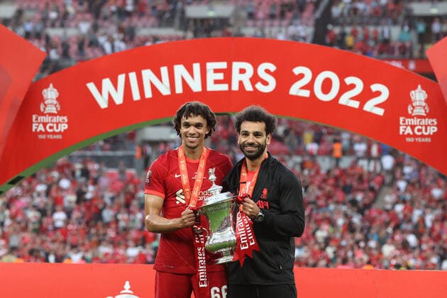 Chelsea v Liverpool 14 May 2022, London - FA Cup Final - Chelsea v Liverpool - Trent Alexander-Arnold and Mohamed Salah of Liverpool pose with the trophy - Photo: Charlotte Wilson Offside. London UK Copyright: xCharlottexWilsonx xOffsidexOffside
