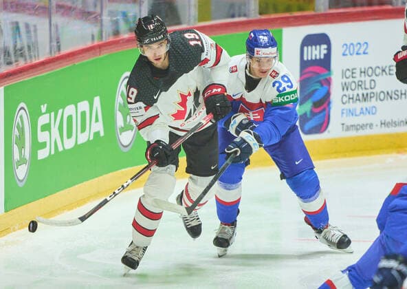 Drake Batherson Nr. 19 of Canadacompete, fight for the puck against, Michal Ivan, SVK 29 in the match SLOVAKIA - CANADA of the IIHF Ice hockey, Eishockey World Championship, WM, Weltmeisterschaft Group B in Helsinki, Finland, May 16, 2022, Season 2021 2022
