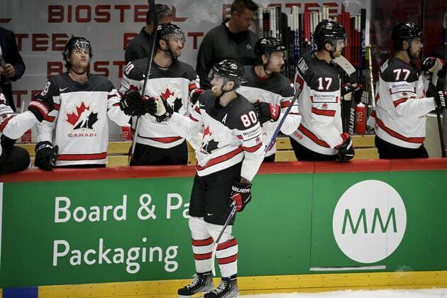 Pierre-Luc Dubois of Canada celebrates a goal during the 2022 IIHF Ice hockey, Eishockey World Championships preliminary round group A match between Slovakia and Canada in Helsinki on May 16, 2022. Helsinki Finland LKLAPA20220516174838T649  Copyright: xAnttixAimo-Koivistox