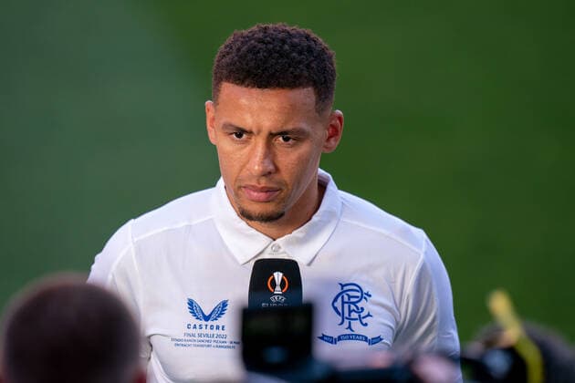 SOCCER - UEFA EL, Frankfurt vs Glasgow SEVILLA,SPAIN,17.MAY.22 - SOCCER - UEFA Europa League, final, Eintracht Frankfurt vs Glasgow Rangers, preview, training Glasgow. Image shows James Tavernier (Glasgow) during an interview.  GEPAxpictures xJohannesxFriedl