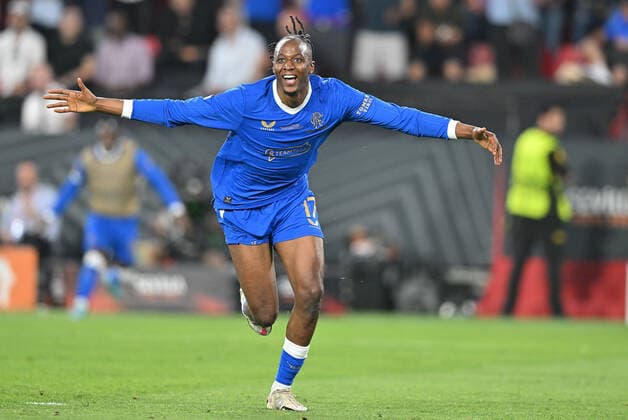 18.05.2022, xfux, Fussball UEFA Europa League Finale 2022, Eintracht Frankfurt - Glasgow Rangers, emonline, emspor, v.l. Torjubel nach dem Tor zum celebrating the goal celebrate 0:1 durch Joe Aribo (Glasgow Rangers) (DFL DFB REGULATIONS PROHIBIT ANY USE OF PHOTOGRAPHS as IMAGE SEQUENCES and or QUASI-VIDEO) Sevilla