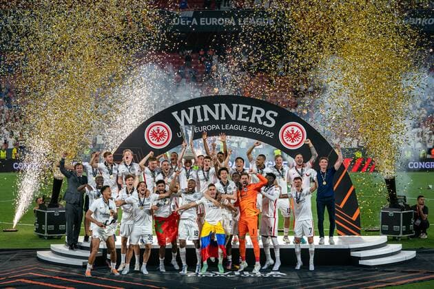 SOCCER - UEFA EL, Frankfurt vs Glasgow SEVILLA,SPAIN,18.MAY.22 - SOCCER - UEFA Europa League, final, Eintracht Frankfurt vs Glasgow Rangers. Image shows the rejoicing of Frankfurt.  GEPAxpictures xJohannesxFriedl