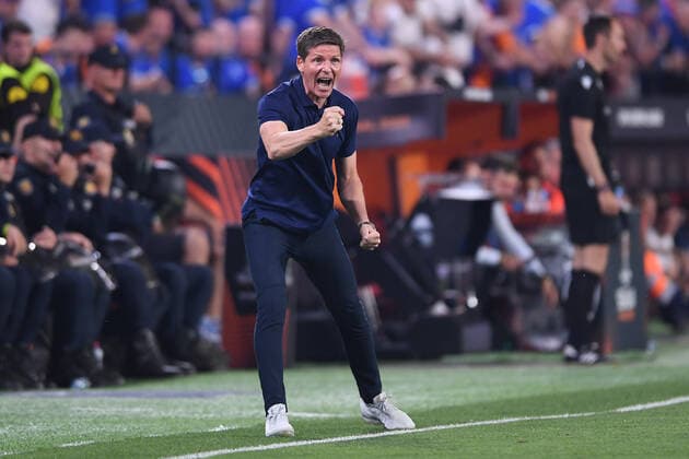 Sport Bilder des Tages Fußball Europa League Finale Eintracht Frankfurt - Glasgow Rangers am 18.05.2022 im Estadio Ramon Sanchez-Pizjuan in Sevilla Oliver Glasner ( Trainer Cheftrainer Frankfurt ) Jubel Freude Emotionen
