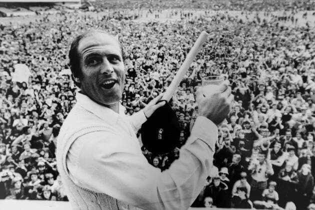 Cricketer Geoffrey Boycott celebrates scoring the one hundredth century of his career, which was earned while playing for England against Australia at Headingley, Leeds. , Geoffrey Boycott Headingley Stadium, Leeds, UK, VM SPO Geoffrey Boycott 100th century.jpg, Cricket, Geoffrey Boycott, century, 100 hundreds, England, Yorkshire, Australia, Ashes, balcony, champagne, celebration, crowd, cheering, Headingley Stadium, Leeds Copyright: xVarleyxMedia x