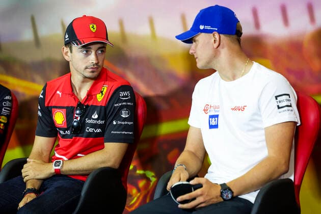 16 Charles Leclerc (MCO, Scuderia Ferrari), 47 Mick Schumacher (DEU, Haas F1 Team), F1 Grand Prix of Spain at Circuit de Barcelona-Catalunya on May 20, 2022 in Barcelona, Spain. (Photo by HOCH ZWEI) Barcelona Spain