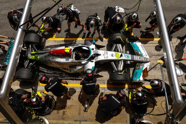 Mercedes-AMG Petronas F1 Team during pit stop practice, F1 Grand Prix of Spain at Circuit de Barcelona-Catalunya on May 20, 2022 in Barcelona, Spain. (Photo by HOCH ZWEI) Barcelona Spain