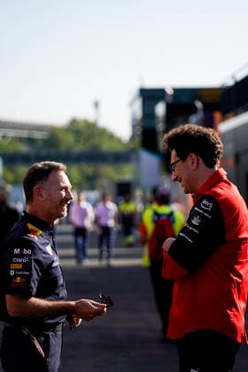 May 21, 2022, Montmelo, Spain: (L to R) CHRISTIAN HORNER, Red Bull Racing Team Principal and MATTIA BINOTTO, Scuderia Ferrari Team Principal are seen before qualifying of the 2022 FIA Formula 1 Spanish Grand Prix at Circuit de Barcelona - Catalunya in Montmelo, Italy. Montmelo Spain - ZUMAg147 20220521_zap_g147_004 Copyright: xJamesxGasperottix
