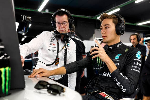 Mike Elliott (Mercedes-AMG Petronas F1 Team), 63 George Russell (GBR, Mercedes-AMG Petronas F1 Team), F1 Grand Prix of Spain at Circuit de Barcelona-Catalunya on May 21, 2022 in Barcelona, Spain. (Photo by HOCH ZWEI) Barcelona Spain