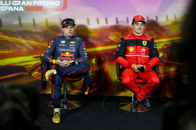 1 Max Verstappen (NLD, Oracle Red Bull Racing), 16 Charles Leclerc (MCO, Scuderia Ferrari), F1 Grand Prix of Spain at Circuit de Barcelona-Catalunya on May 21, 2022 in Barcelona, Spain. (Photo by HOCH ZWEI) Barcelona Spain