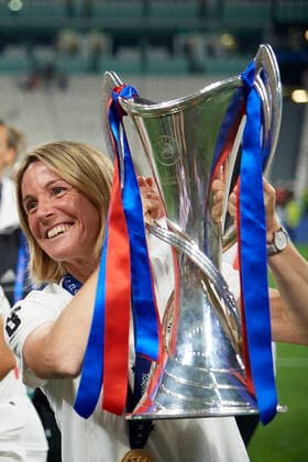 FC Barcelona, Barca v Olympique Lyonnais - UEFA Women s Champions League Final 2021 22 Sonia Bompastor head coach of Olympique Lyonnais lifts the trophy after winning with her team the UEFA Women s Champions League final match between FC Barcelona and Olympique Lyonnais at Juventus Stadium on May 21, 2022 in Turin, Italy. Turin Italy  Copyright: xJosexBretonx originalFilename:breton-fcbarcel220521_npvRh.jpg