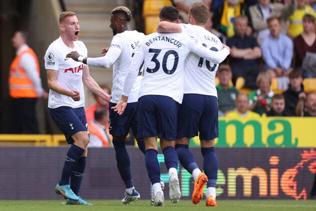 22nd May 2022; Carrow Road, Norwich, Norforlk, England; Premier League football, Norwich versus Tottenham; Dejan Kulusevski of Tottenham Hotspur celebrates with team mates after he scores for 0-1 in the 16th minute  ActionPlus12392070 ShaunxBrooks