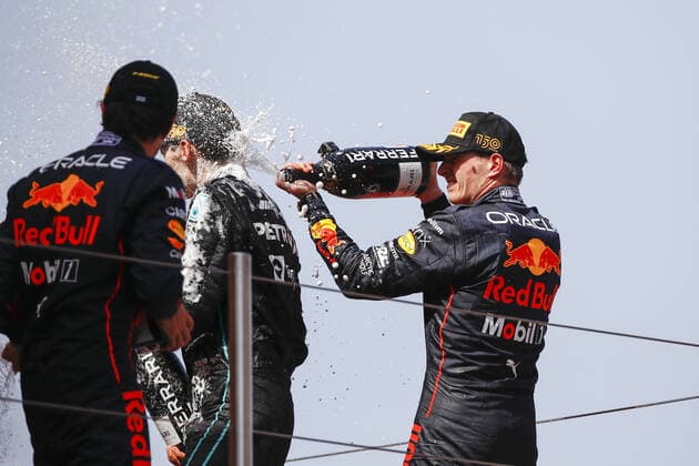 VERSTAPPEN Max (ned), Red Bull Racing RB18, portrait PEREZ Sergio (mex), Red Bull Racing RB18, portrait RUSSELL George (gbr), Mercedes AMG F1 Team W13, portrait podium during the Formula 1 Pirelli Grand Premio de Espana 2022, 6th round of the 2022 FIA Formula One World Championship, WM, Weltmeisterschaft on the Circuit de Barcelona-Catalunya, from May 20 to 22, 2022 in Montmelo, Spain - F1 - SPANISH GRAND PRIX 2022 - RACE DPPI Panoramic  00122016__B3_9169