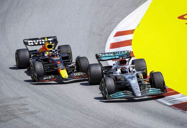 63 George Russell (GBR, Mercedes-AMG Petronas F1 Team), 1 Max Verstappen (NLD, Oracle Red Bull Racing), F1 Grand Prix of Spain at Circuit de Barcelona-Catalunya on May 22, 2022 in Barcelona, Spain. (Photo by HOCH ZWEI) Barcelona Spain