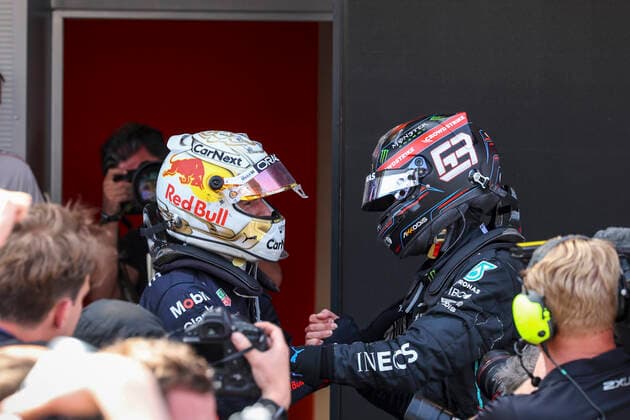 1 Max Verstappen (NLD, Oracle Red Bull Racing), 63 George Russell (GBR, Mercedes-AMG Petronas F1 Team), F1 Grand Prix of Spain at Circuit de Barcelona-Catalunya on May 22, 2022 in Barcelona, Spain. (Photo by HOCH ZWEI) Barcelona Spain