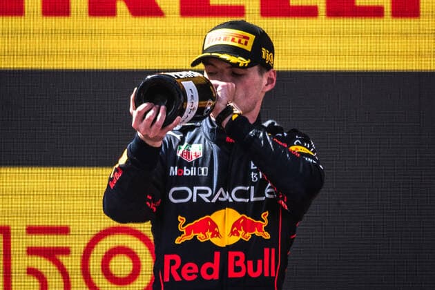 May 22, 2022, Barcelona, Catalonia, Spain: MAX VERSTAPPEN (NED) from team Red Bull drinks champagne as he celebrates his victory on the podium at Circuit de Barcelona Catalunya Barcelona Spain - ZUMAo105 20220522_zap_o105_021 Copyright: xMatthiasxOesterlex