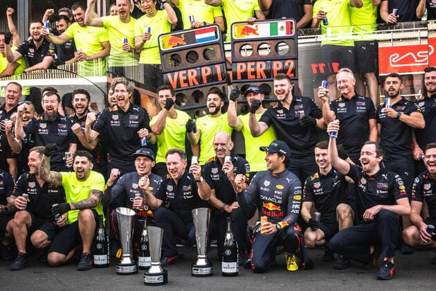May 22, 2022, Barcelona, Catalonia, Spain: MAX VERSTAPPEN (NED) and SERGIO PEREZ (MEX) celebrate with the Red Bull Team their victory in the paddock at Circuit de Barcelona Catalunya Barcelona Spain - ZUMAo105 20220522_zap_o105_026 Copyright: xMatthiasxOesterlex