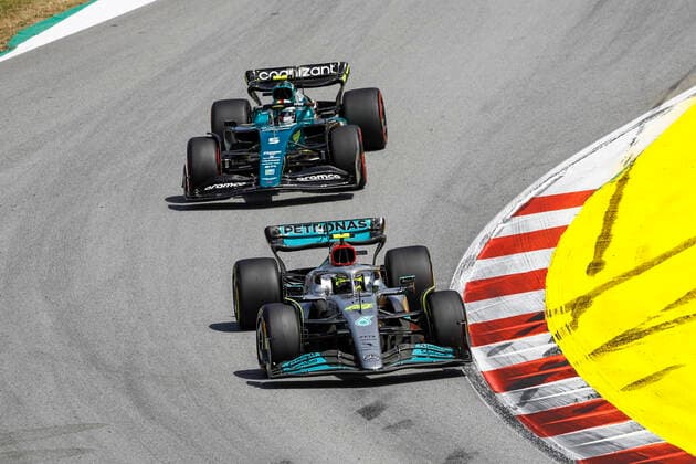 44 Lewis Hamilton (GBR, Mercedes-AMG Petronas F1 Team), 5 Sebastian Vettel (DEU, Aston Martin Aramco Cognizant F1 Team), F1 Grand Prix of Spain at Circuit de Barcelona-Catalunya on May 22, 2022 in Barcelona, Spain. (Photo by HOCH ZWEI) Barcelona Spain