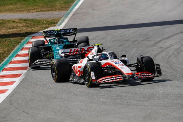 47 Mick Schumacher (DEU, Haas F1 Team), 5 Sebastian Vettel (DEU, Aston Martin Aramco Cognizant F1 Team), F1 Grand Prix of Spain at Circuit de Barcelona-Catalunya on May 22, 2022 in Barcelona, Spain. (Photo by HOCH ZWEI) Barcelona Spain