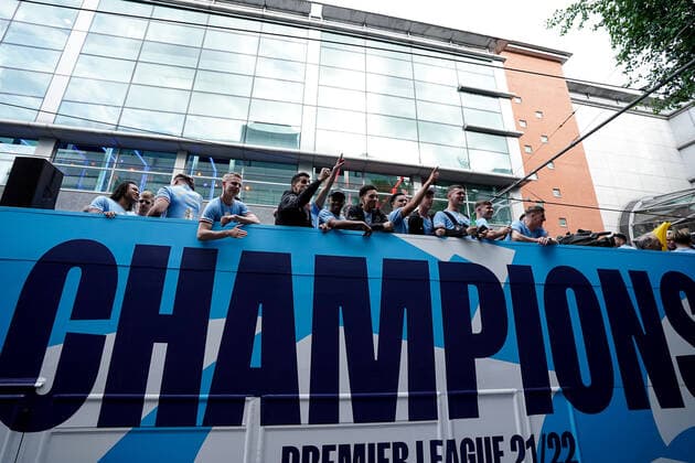 Mandatory Credit: Photo by Robbie Stephenson JMP Shutterstock (12953257bc) Manchester City celebrates their Premier League title win during the open top bus parade Manchester City Champions Bus Parade, UK - 23 May 2022 EDITORIAL USE ONLY No use with unauthorised audio, video, data, fixture lists (outside the EU), club league logos or live services. Online in-match use limited to 45 images (+15 in extra time). No use to emulate moving images. No use in betting, games or single club league player publications services. Manchester City Champions Bus Parade, UK - 23 May 2022 EDITORIAL USE ONLY No use with unauthorised audio, video, data, fixture lists (outside the EU), club league logos or live services. Online in-match use limited to 45 images (+15 in extra time). No use to emulate moving images. No use in betting, games or Copyright: xRobbiexStephenson JMP Shutterstockx 12953257bc