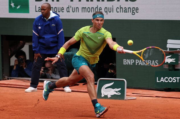 Fifth seeded Rafael Nadal of Spain returns the ball to Australian Jordan Thompson during their French Tennis Open match at Roland Garros near Paris, France, on Monday May 23, 2022. Nadal won 6-2, 6-2, 6-2.  PAR20220523128 MAYAxVIDON-WHITE