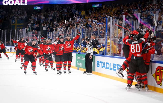 Canada payers celebrating overtime goal during the 2022 IIHF Ice hockey, Eishockey World Championship, WM, Weltmeisterschaft match between Sweden - Canada at the Nokia Arena on 26. May 2022 in Tampere, Finland. (Kalle Parkkinen Newspix24)  Copyright: xKallexParkkinenx np2426543601891