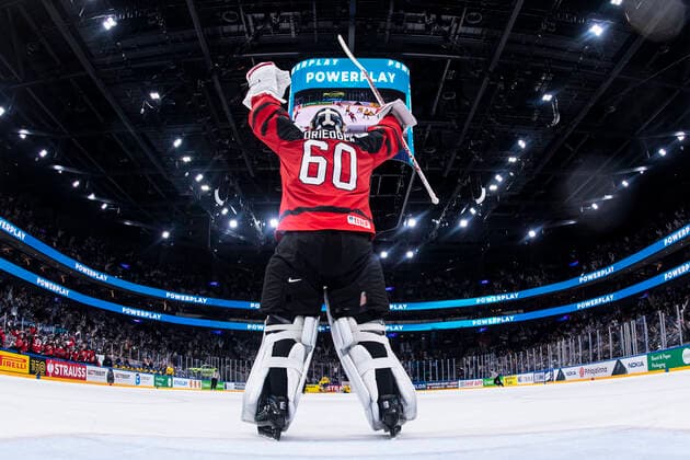 Eishockey, WM, Schweden - Kanada 220526 Goaltender Chris Driedger of Canada celebrate the 3-4 goal during the 2022 IIHF Ice hockey, Eishockey World Championship, WM, Weltmeisterschaft quarterfinal game between Sweden and Canada on May 26, 2022 in Tampere. Photo: Maxim ThorÃ BILDBYRAN kod MT MT0402 ishockey ice hockey ishockey-vm iihf ice hockey world championship sverige sweden kanada canada bbeng kvartsfinal quarterfinal jubel Copyright: MAXIMxTHORE BB220526MT136