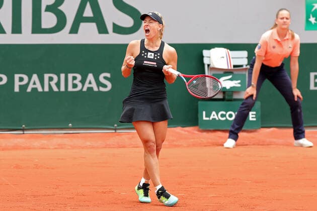 27th May 2022; Roland Garros, Paris, France: French Open Tennis tournament: Angelique Kerber (GER) celebrates during her match against Aliaksandra Sasnovich  ActionPlus12393470 JonxBromley