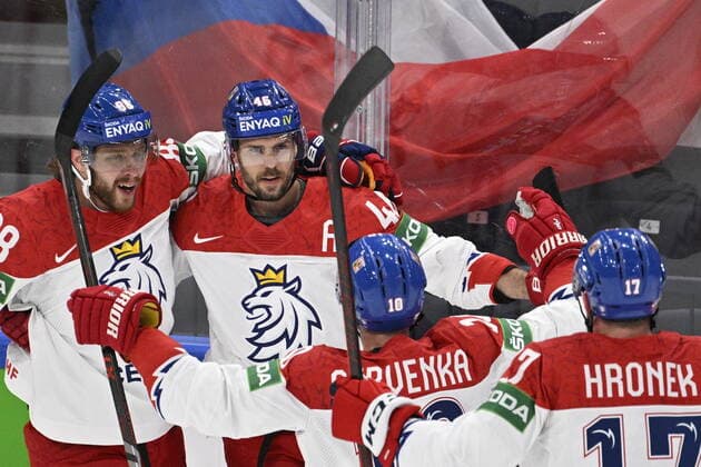 Czech David Krejci (2nd left) celebrates goal during the 2022 IIHF Ice hockey, Eishockey World Championship, WM, Weltmeisterschaft semifinals match Czech Republic vs. Canada, Tampere, Finland, May 28, 2022. (CTKxPhoto MichalxKamaryt) CTKPhotoP2022052803980 