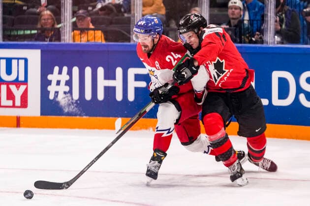 TAMPERE, FINLAND - MAY 28:Jan Scotka of Czech Republic (L) against Matt Barzal of Canada (R) during the 2022 IIHF Ice hockey, Eishockey World Championship, WM, Weltmeisterschaft match between Canada and Czech Republic at Nokia Arena on May 28, 2022 in Tampere, Finland. Tampere Nokia Arena Finland Copyright: xJustPictures.ch JarixPestelaccix