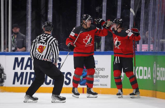 Zach Whitecloud 2 and Kent Johnson 93 of Canada celebrating a goal during the 2022 IIHF Ice hockey, Eishockey World Championship, WM, Weltmeisterschaft match between Canada and Czech Republic at the Nokia Arena on 28. May 2022 in Tampere, Finland. (Kalle Parkkinen Newspix24)  Copyright: xKallexParkkinenx np2428323702030