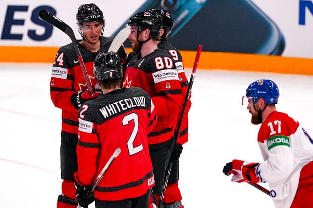 TAMPERE, FINLAND - MAY 28: Dylan Cozens of Canada (L) celebrates his goal with Pierre-Luc Dubois of Canada (L) and Zach Whitecloud of Canada during the 2022 IIHF Ice hockey, Eishockey World Championship, WM, Weltmeisterschaft match between Canada and Czech Republic at Nokia Arena on May 28, 2022 in Tampere, Finland. Tampere Nokia Arena Finland Copyright: xJustPictures.ch JarixPestelaccix