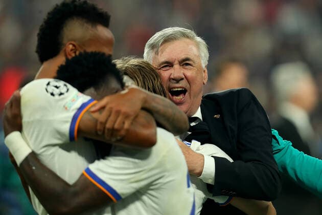 28th May 2022; Stade de France stadium, Saint-Denis, Paris, France. Champions League football final between Liverpool FC and Real Madrid; Real Madrid Manager Carlo Ancelotti celebrates after they win the Champions League final  ActionPlus12394261 ShaunxBrooks