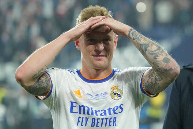 Toni Kroos of Real Madrid CF celebrates after winning the UEFA Champions League Final match between Liverpool FC and Real Madrid CF at Stade de France on May 28, 2022 in Paris, France. Copyright: xGiuseppexMaffiax 32220217