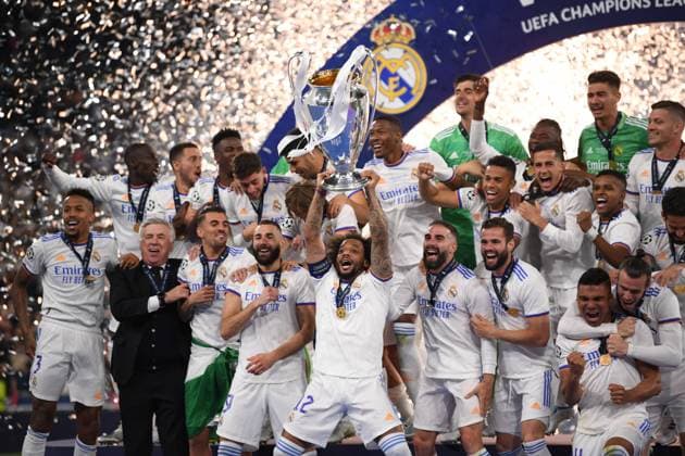 France Soccer Champions League Liverpool - Real Madrid 8203194 28.05.2022 Real Madrid s players celebrate during the awarding ceremony after winning the Champions League in Paris, France. Alexey Filippov Sputnik Paris France  Copyright: xAlexeyxFilippovx