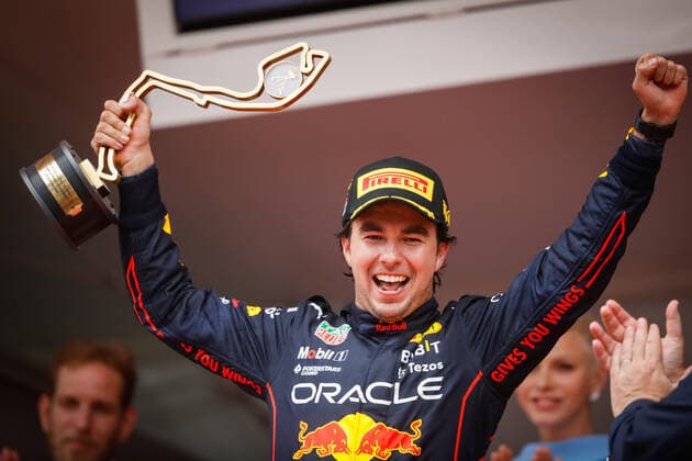 PEREZ Sergio (mex), Red Bull Racing RB18, portrait podium during the Formula 1 Grand Prix de Monaco 2022, 7th round of the 2022 FIA Formula One World Championship, WM, Weltmeisterschaft on the Circuit de Monaco, from May 27 to 29, 2022 in Monte-Carlo, Monaco - F1 - MONACO GRAND PRIX 2022 - Race DPPI Panoramic  00122019__V2_2903