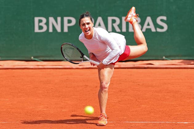 29th May 2022; Roland Garros, Paris, France: French Open Tennis tournament: Martina Trevisan (ITA) serves to Aliaksandra Sasnovich  ActionPlus12394582 JonxBromley